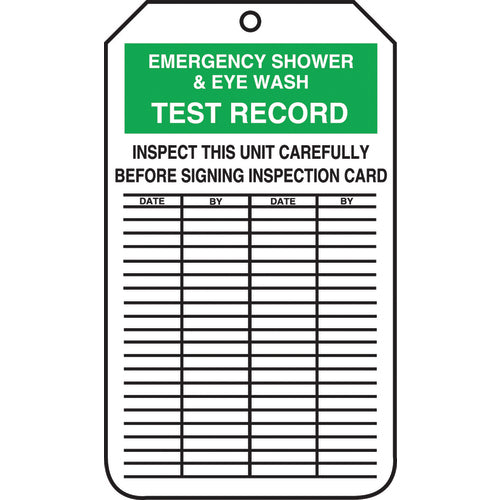 Inspection Record Tag, Emergency Shower & Eye Wash Test Record, 25/PK, Cardstock - Benchmark Tooling