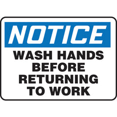 Sign, Notice Wash Hands Before Returning To Work, 10″ × 14″, Plastic - Benchmark Tooling