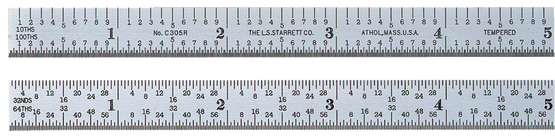 #C305R-6-Certified - 6'' Long - 5R Graduation - 1/2'' Wide - Satin Chrome Finish Flexible Steel Rule with Certification - Benchmark Tooling