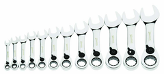 12 Piece - 12 Pt Ratcheting Stubby Combination Wrench Set - High Polish Chrome Finish - Metric; 8mm - 19mm - Benchmark Tooling