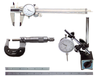 Kit Contains: 6" Dial Caliper; 0-1" Outside Micrometer; Mag Base With Fine Adjustment; 1" Travel Indicator; 6" 4R Scale And 12" 4R Scale - 6 Piece Machinist Set Up & Inspection Kit - Benchmark Tooling