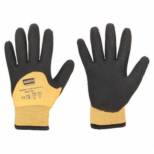 Size 9L Gloves-Cold Grip Plus 5 Hi-Viz orange shell, black foam PVC 3/4 coating. ANSI Level 4 cut protection - Benchmark Tooling