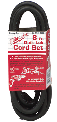 #48-76-4008 - Fits: Most Milwaukee 3-Wire Quik-Lok Cord Sets @ 8' - Replacement Cord - Benchmark Tooling