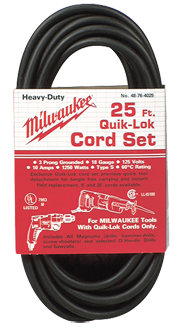 #48-76-4025 - Fits: Most Milwaukee 3-Wire Quik-Lok Cord Sets @ 25' - Replacement Cord - Benchmark Tooling