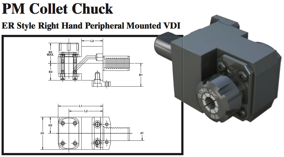 PM Collet Chuck (ER Style Right Hand Peripheral Mounted VDI) - Part #: PM53.3025ER - Benchmark Tooling