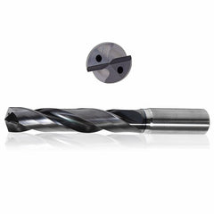 0.4844 mm Dia. × 14 mm Shank × 77 mm Flute Length × 124 mm OAL, 5xD, 150°, Varianta Supral, 2 Flute, Coolant Thru, h6, Cylindrical, Solid Carbide Drill - Exact Industrial Supply