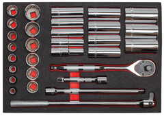 Proto® Foamed 1/2" Drive 30 Piece Socket Set w/ Precision 90 Pear Head Ratchet - Full Polish - 12 Point - Benchmark Tooling