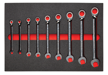 Proto® Foamed 9 Piece Reversible Ratcheting Combination Wrench Set- Black Chrome- Spline - Benchmark Tooling