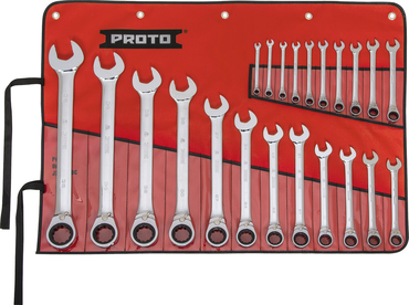 Proto® 22 Piece Full Polish Metric Combination Reversible Ratcheting Wrench Set - 12 Point - Benchmark Tooling