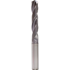 12.4 mm Dia. × 14 mm Shank × 77 mm Flute Length × 124 mm OAL, 5xD, 140°, TiAlN, 2 Flute, Internal, Round Solid Carbide Drill - Exact Industrial Supply