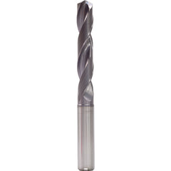 12.1 mm Dia. × 14 mm Shank × 77 mm Flute Length × 124 mm OAL, 5xD, 140°, TiAlN, 2 Flute, Internal, Round Solid Carbide Drill - Exact Industrial Supply