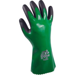 Chemical resistant fully coated with nitrile foamed overdip green w/black seamless knitted liner 12″ cuff/large - Benchmark Tooling