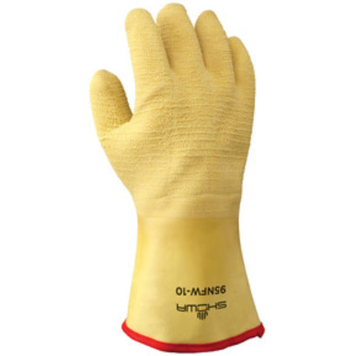 Insulated fully coated natural rubber 12″ gauntlet yellow wrinkle finish cotton jersey with triple layered foam insulation/large - Benchmark Tooling