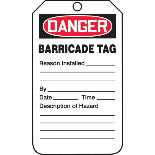 Barricade Tag, Danger Barricade Tag-Reason Installed/Description, 25/Pk, Cardstock - Benchmark Tooling