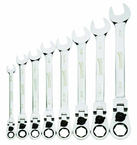 8 Piece - 12 Pt Ratcheting Flex-Head Combination Wrench Set - High Polish Chrome Finish SAE; 5/16 - 3/4" - Benchmark Tooling