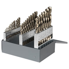 ‎1/16-1/2 RHS / RHC HSS-CO 8% (M42) 135 Degree Split Point Heavy Duty Cobalt Jobber Length Drill Set - Straw / Gold Oxide - Exact Industrial Supply