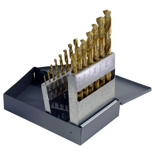 ‎1/16-1/2 RHS / RHC HSS-CO 8% (M42) 135 Degree Split Point Heavy Duty Cobalt Jobber Length Drill Set - TiN - Exact Industrial Supply