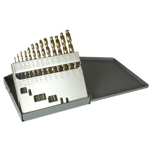 ‎1/16-1/4 RHS / RHC HSS 135 Degree Split Point Heavy Duty Black & Gold Parabolic Jobber Length Drill Set - Black & Gold - Exact Industrial Supply