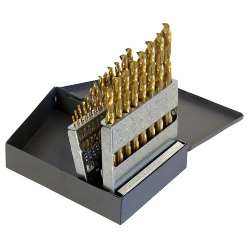 ‎1/16-3/8 RHS / RHC HSS-CO 8% (M42) 135 Degree Split Point Heavy Duty Cobalt Jobber Length Drill Set - TiN - Exact Industrial Supply