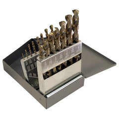 ‎1/16-1/2 RHS / RHC HSS-CO 8% (M42) 135 Degree Split Point Heavy Duty Cobalt Jobber Length Drill Set - Straw / Gold Oxide - Exact Industrial Supply