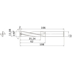 MAE1108MB HTI10 11.08 mm Dia. × 12 mm Shank × 62 mm Flute Length × 108 mm OAL, 140°, 2 Flute, External Coolant, Solid Carbide Drill