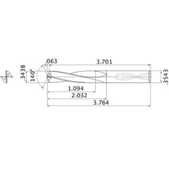 MAS03438MB HTi10 0.3438″ Dia. × 0.3543″ Shank × 2.032″ Flute Length × 3.764″ OAL, 140°, 2 Flute, Coolant Thru, Solid Carbide Drill