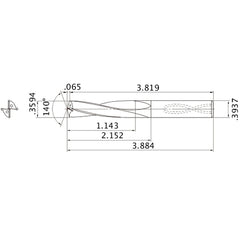 MAS03594MB HTi10 0.3594″ Dia. × 0.3937″ Shank × 2.152″ Flute Length × 3.884″ OAL, 140°, 2 Flute, Coolant Thru, Solid Carbide Drill