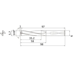 MAS0570LB HTI10 5.7 mm Dia. × 6 mm Shank × 58 mm Flute Length × 98 mm OAL, 140°, 2 Flute, Coolant Thru, Solid Carbide Drill