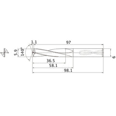 MAS0590LB HTI10 5.9 mm Dia. × 6 mm Shank × 58.1 mm Flute Length × 98.1 mm OAL, 140°, 2 Flute, Coolant Thru, Solid Carbide Drill