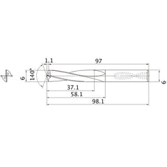 MAS0600LB HTI10 6 mm Dia. × 6 mm Shank × 58.1 mm Flute Length × 98.1 mm OAL, 140°, 2 Flute, Coolant Thru, Solid Carbide Drill