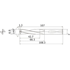 MAS0690LB HTI10 6.9 mm Dia. × 7 mm Shank × 66.3 mm Flute Length × 108.3 mm OAL, 140°, 2 Flute, Coolant Thru, Solid Carbide Drill