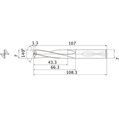 MAS0700LB HTI10 7 mm Dia. × 7 mm Shank × 66.3 mm Flute Length × 108.3 mm OAL, 140°, 2 Flute, Coolant Thru, Solid Carbide Drill