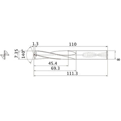 MAS0735LB HTI10 7.35 mm Dia. × 8 mm Shank × 69.3 mm Flute Length × 111.3 mm OAL, 140°, 2 Flute, Coolant Thru, Solid Carbide Drill
