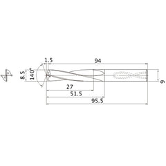 MAS0850MB HTi10 8.5 mm Dia. × 9 mm Shank × 51.5 mm Flute Length × 95.5 mm OAL, 140°, 2 Flute, Coolant Thru, Solid Carbide Drill
