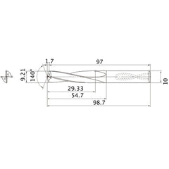 MAS0921MB HTi10 9.21 mm Dia. × 10 mm Shank × 54.7 mm Flute Length × 98.7 mm OAL, 140°, 2 Flute, Coolant Thru, Solid Carbide Drill