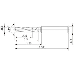 ‎MFE0935X02S100 DP1020 0.368″ Dia. × 0.394″ Shank × 1-1/2″ Flute Length × 3.311″ OAL, 180°, 2 Flute, External Coolant, Solid Carbide Drill