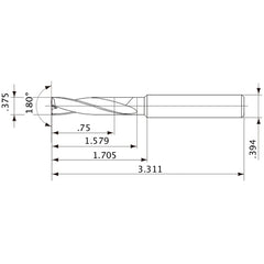 MFE0953X02S100 DP1020 3/8″ Dia. × 0.394″ Shank × 1.579″ Flute Length × 3.311″ OAL, 180°, 2 Flute, External Coolant, Solid Carbide Drill