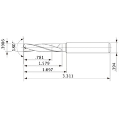 MFE0992X02S100 DP1020 0.3906″ Dia. × 0.394″ Shank × 1.579″ Flute Length × 3.311″ OAL, 180°, 2 Flute, External Coolant, Solid Carbide Drill