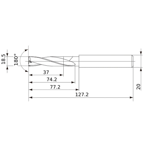 MFE1850X02S200 DP1020 18.5 mm Dia. × 20 mm Shank × 74 mm Flute Length × 127 mm OAL, 180°, 2 Flute, External Coolant, Solid Carbide Drill
