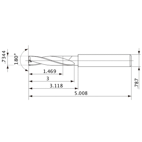 MFE1865X02S200 DP1020 0.7344″ Dia. × 0.787″ Shank × 3″ Flute Length × 5.008″ OAL, 180°, 2 Flute, External Coolant, Solid Carbide Drill