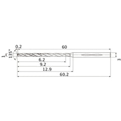 MHS0100L009B VP15TF 1 mm Dia. × 3 mm Shank × 9.2 mm Flute Length × 60.2 mm OAL, 135°, 2 Flute, Coolant Thru, Solid Carbide Drill