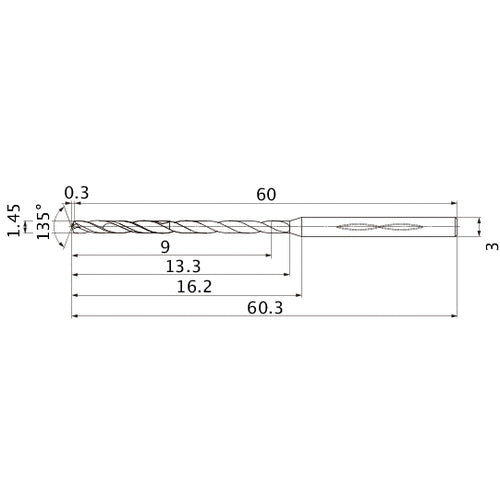 MHS0145L013B VP15TF 1.45 mm Dia. × 3 mm Shank × 13.3 mm Flute Length × 60.3 mm OAL, 135°, 2 Flute, Coolant Thru, Solid Carbide Drill
