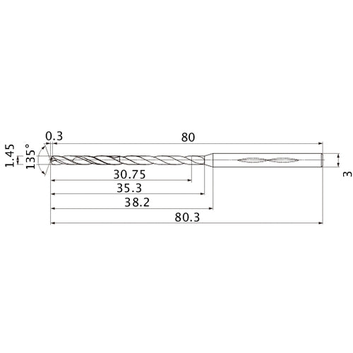 MHS0145L035B VP15TF 1.45 mm Dia. × 3 mm Shank × 35.3 mm Flute Length × 80.3 mm OAL, 135°, 2 Flute, Coolant Thru, Solid Carbide Drill