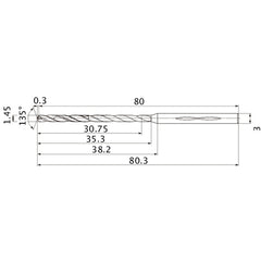 MHS0145L035B VP15TF 1.45 mm Dia. × 3 mm Shank × 35.3 mm Flute Length × 80.3 mm OAL, 135°, 2 Flute, Coolant Thru, Solid Carbide Drill