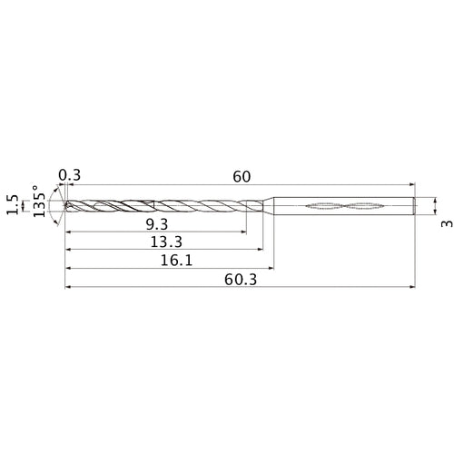 MHS0150L013B VP15TF 1.5 mm Dia. × 3 mm Shank × 13.3 mm Flute Length × 60.3 mm OAL, 135°, 2 Flute, Coolant Thru, Solid Carbide Drill
