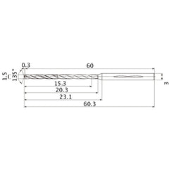 MHS0150L020B VP15TF 1.5 mm Dia. × 3 mm Shank × 20.3 mm Flute Length × 60.3 mm OAL, 135°, 2 Flute, Coolant Thru, Solid Carbide Drill