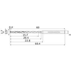 MHS0170L020B VP15TF 1.7 mm Dia. × 3 mm Shank × 20.4 mm Flute Length × 60.4 mm OAL, 135°, 2 Flute, Coolant Thru, Solid Carbide Drill