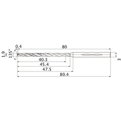MHS0190L045B VP15TF 1.9 mm Dia. × 3 mm Shank × 45.4 mm Flute Length × 80.4 mm OAL, 135°, 2 Flute, Coolant Thru, Solid Carbide Drill