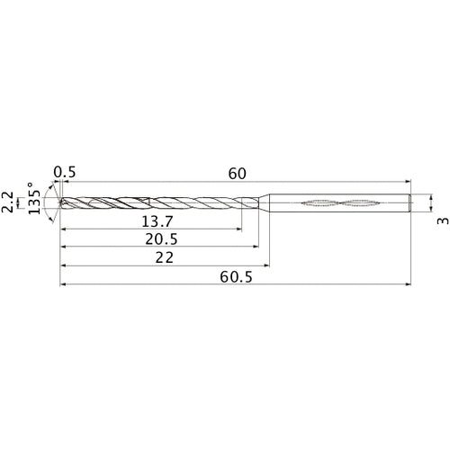 MHS0220L020B VP15TF 2.2 mm Dia. × 3 mm Shank × 20.5 mm Flute Length × 60.5 mm OAL, 135°, 2 Flute, Coolant Thru, Solid Carbide Drill