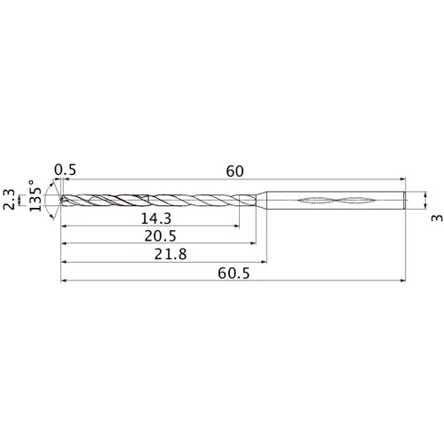 MHS0230L020B VP15TF 2.3 mm Dia. × 3 mm Shank × 20.5 mm Flute Length × 60.5 mm OAL, 135°, 2 Flute, Coolant Thru, Solid Carbide Drill